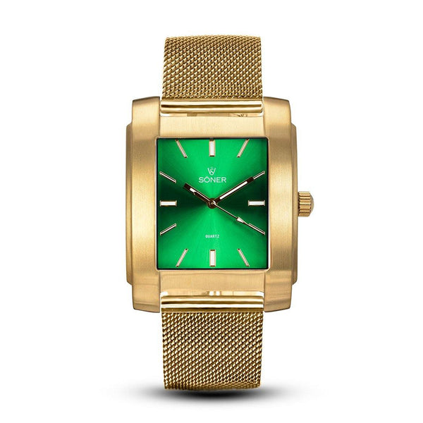 SÖNER LEGACY L Fyrkantig klocka i borstat guld med grön klassisk urtavla.