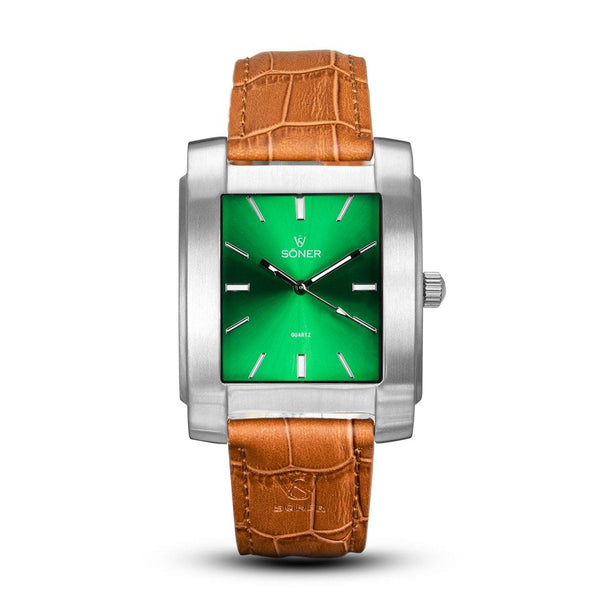 SÖNER LEGACY K Fyrkantig klocka i borstat stål med grön klassisk urtavla.