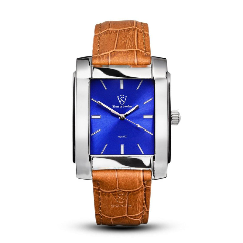 SÖNER LEGACY H Fyrkantig klocka i polerat stål med blå klassisk urtavla.